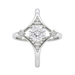 Anillos de Moda Art Deco con Diamantes Cultivados en Laboratorio, Anillo de Compromiso Único con Halo Geométrico de Diamantes Redondos en Oro Rosa Sólido de 14K - Product Image 6