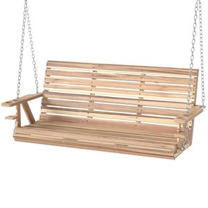 Dondolo a 3 posti in legno per veranda con portabicchieri e catene di sospensione, per patio e giardino, in legno naturale per il relax all'aperto - Product Image 1