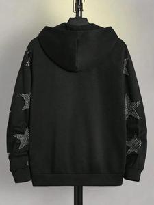 Sudadera Negra con Capucha y Cremallera, Estampado de Estrellas con Pedrería, Unisex, Oversize, Casual, de Invierno, Tejida, de Poliéster, Corte Holgado, Ecológica - Product Image 3