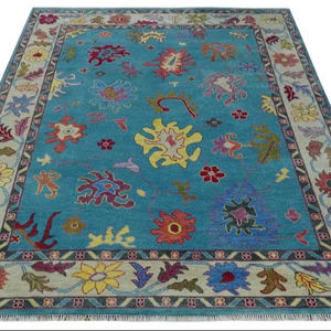 Alfombra Oushak Azul Claro Tejida a Mano, Elegante, Precio de Fábrica, Alfombra de Lana con Diseño Floral, 9x12 pies, Alfombras de Estilo Vintage para Sala de Estar, Decoración del Hogar - Product Image 1