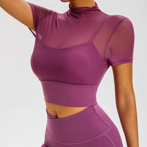 Top Corto de Yoga Personalizado al por Mayor para Mujer, Top de Yoga de Manga Corta con Malla Acanalada, Camiseta Deportiva para Gimnasio y Entrenamiento, Ropa Deportiva - Product Image 3