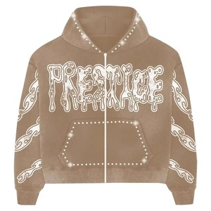Sweat à capuche zippé marron tendance avec strass pour homme et femme, coupe oversize, streetwear, imprimé graphique, mode de luxe personnalisée - Product Image 1