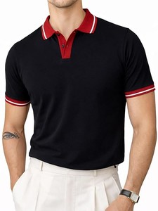 Chemise noire pour homme avec bordure contrastante rouge, manches courtes, coupe classique, en jersey de coton épais, style streetwear, décontracté chic - Product Image 1