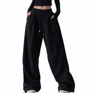 High Waist Black <b>Harem</b> Pants Loose Fit Drawstring Elastic Waist Full Length Casual <b>Trousers</b> Solid Color Terry Fabric Polyester - Product Image 1
