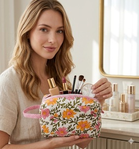 Floral Cotton Quilted Makeup Bag Zipper Cosmetic Pouch Quilted Beauty <b>Case</b> for Travel Daily Use - Product Image 3