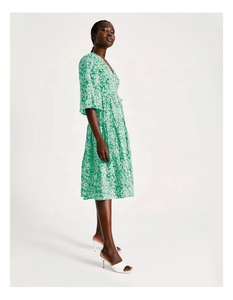 100% coton semi-transparent imprimé manches 3/4 coupe régulière col en V imprimé all-over cravate à la taille robe portefeuille - Product Image 5