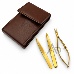 Pince à épiler biseautée en acier inoxydable plaqué or avec ciseaux à ressort de précision, étui en cuir marron, logo personnalisé - Product Image 1