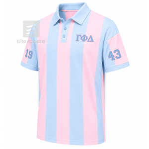 Polo rayé personnalisé Gamma Phi Delta Sorority avec logo brodé sur le devant, bleu ciel rose, décontracté, manches courtes pour femme - Product Image 2
