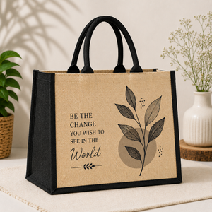 Natural Eco-Friendly Jute <b>Tote</b> <b>Bag</b> 12x16x6 Inches Cotton Padded Handle Be the <b>Change</b> Design - Product Image 1