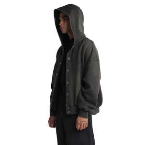 Sudadera con capucha para hombre, estilo vintage, con botones a presión, forro polar, puños acanalados, lavado desgastado, estilo urbano, venta al por mayor - Product Image 4