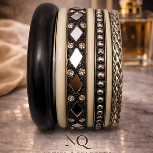 Fashion Women <b>Bangle</b> <b>Set</b> – Black & Gold Resin Bracelets with Stone Work, Party Wear Jewelry Supplier - Product Image 1