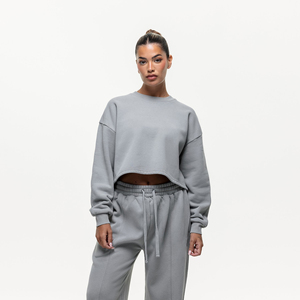 Sudadera Corta Oversize para Mujer, Cuello Redondo, Color Gris Sólido, Hombros Caídos, Felpa, Ropa Casual de Otoño - Product Image 3