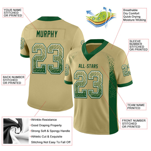 Custom Unisex Gold Green American Football Jersey V-Neck Short Sleeve Mesh Breathable Sublimated Print Team <b>Name</b> Number 100% - Product Image 2