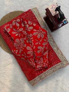 Luxury <b>Red</b> <b>Saree</b> Heavy Gold Embroidery Indian Bridal Wedding Diwali Prom Party Wear Floor-Length Lehenga Style Sari Quick Dry - Product Image 4