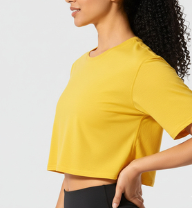 Top Corto Rosa para Mujer, Manga Corta, Cuello Redondo, Color Sólido, Secado Rápido, Tejido de Punto, Estilo Deportivo, Primavera Verano - Product Image 4