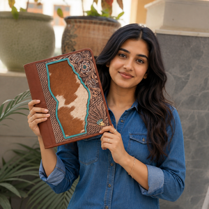 Western Designer Hand Tooled Zipper Lock Business Portfolio Binder Manufacture Cowhide leather <b>Document</b> <b>Folder</b> With Card Holder - Product Image 3