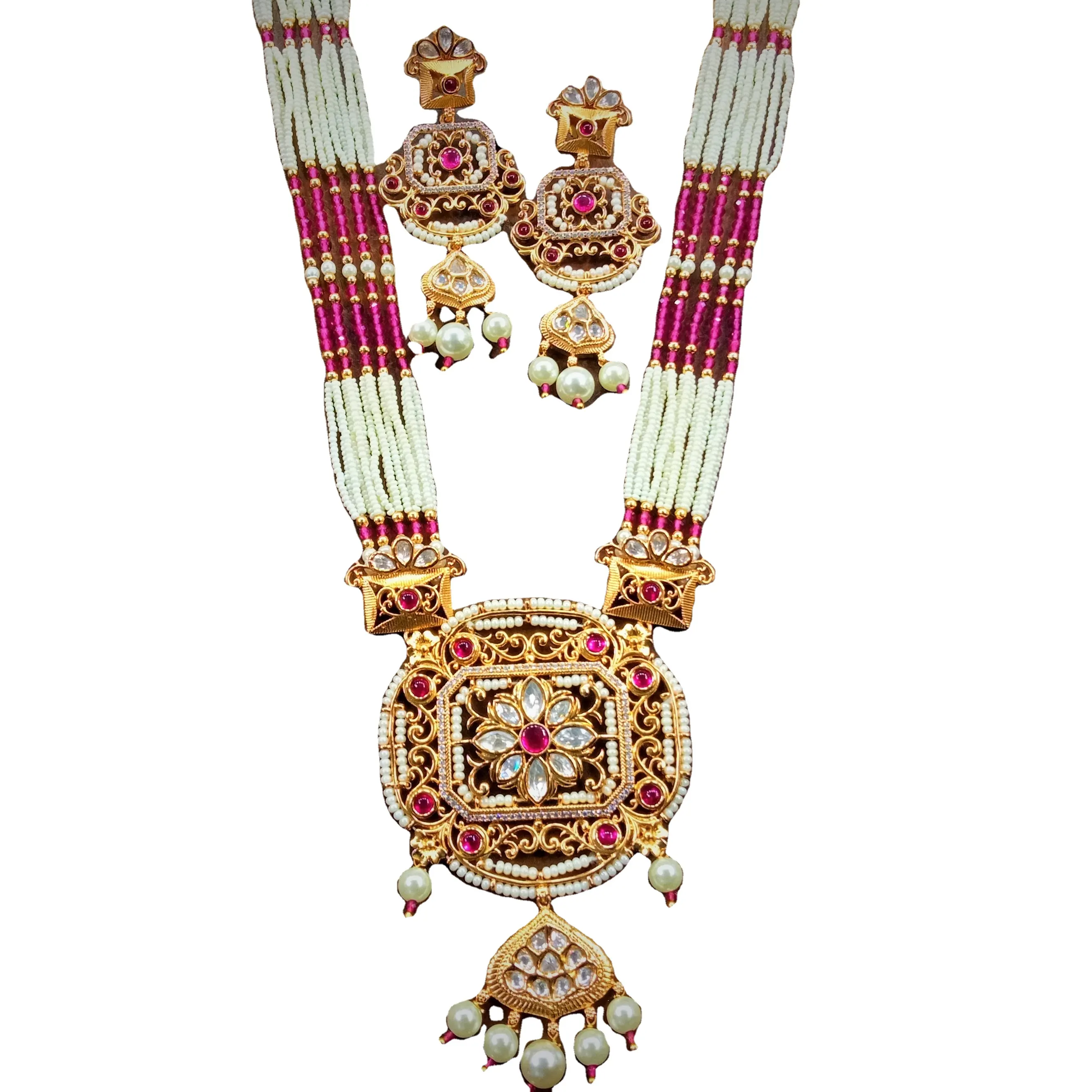 Natuurlijk Vergulde Set Feestkleding Complete Set Indiase Bruids Shaadi Sieraden Kundan Lange Ketting Set