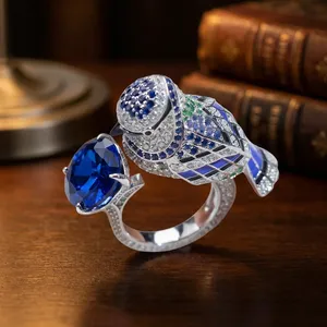 Royal Blue Bird Sapphire Engagement Wedding <b>Ring</b> 925 <b>Sterling</b> <b>Silver</b> Prong Setting Customized <b>Adjustable</b> Party Anniversary - Product Image 3