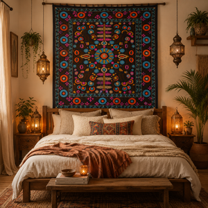 Premium Handmade Suzani Cotton <b>Bedsheet</b> <b>Black</b> Blue Orange Pink Floral Embroidery Boho Indian Ethnic Home Decor - Product Image 2
