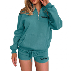 Ensemble décontracté deux pièces pour femme avec short et haut demi-zip, léger, été, uni, 100 % coton, respirant, écologique, tenue élégante - Product Image 5
