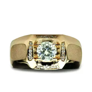Moissanite Mens Iced Out Gold Plated 925 <b>Silver</b> Vintage <b>Statement</b> <b>Ring</b> Round Cut Center Stone Claw Setting 18gm - Product Image 5
