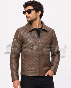 High End Unisex Genuine Cow <b>Leather</b> Eco-Friendly Windproof <b>Winter</b> <b>Jacket</b> Intrecciato Basket Weave Embossed Designer Streetwear - Product Image 3