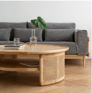 Modern Light Luxury Solid <b>Wood</b> <b>Round</b> <b>Coffee</b> <b>Table</b> With Natural Rattan Side Panels For Hotel Living Room Apartment - Product Image 2