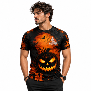 T-shirt personnalisé pour homme Halloween, noir et orange, motif citrouille et maison hantée, impression numérique 3D par sublimation, décontracté, manches courtes - Product Image 1