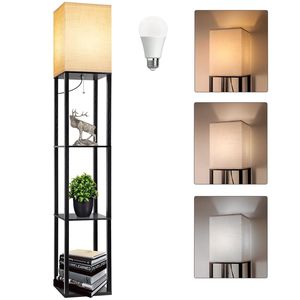 Lámpara de Pie Moderna de Madera con Estantes para Sala de Estar, Dormitorio u Oficina, Acabado Negro, Pantalla de Tela Dorada - Product Image 1