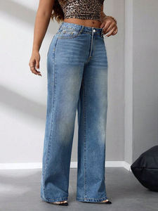 Jean en denim délavé foncé taille haute à jambe large pour femme, coupe décontractée longueur pleine, style automne - Product Image 5
