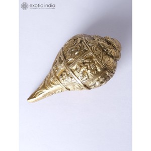 รูปปั้นทองเหลืองแกะสลักที่น่าดึงดูดใจขนาด5นิ้วของหอยสังข์สำหรับตกแต่งบ้านของขวัญและวัดผลิตในอินเดีย - Product Image 1