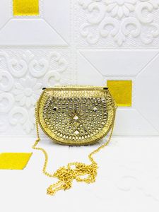 Craftstages International Luxury <b>Gold</b> Metal <b>Clutch</b> <b>Bag</b> Crystal Stone Work Chain Strap | Bridal Party Evening Purse | Flap - Product Image 3