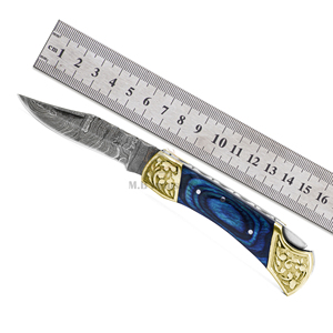 Cuchillo de bolsillo de acero de Damasco al por mayor DD-FK-WH916, hoja afilada hecha a mano con mango de madera Pakkawood azul, cuchillo EDC para exteriores - Product Image 6