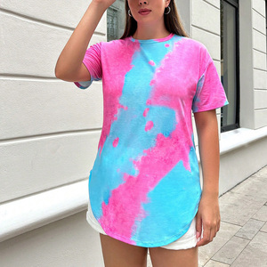 Camiseta Oversize de Mujer con Estampado Tie-Dye, Cuello Redondo, Manga Corta, Ajuste Holgado, Algodón Jersey, Top Casual de Verano, Patrón Rosa y Azul - Product Image 2