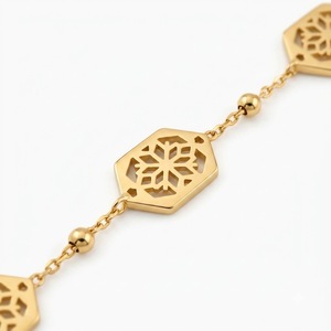 Gold Plated Minimalist <b>Bracelet</b> with Freshwater Pearl Asscher Cut Diamonds Hexagon Links & Chain Design for Everyday Wear - Product Image 3