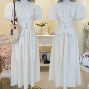 Ensemble deux pièces pour femmes de style coréen, chemisier sans manches, jupe longue taille haute, 100% coton, col en V, volants - Product Image 1
