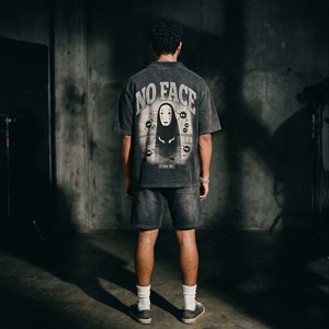 ชุดเซ็ตเสื้อยืดและกางเกงขาสั้นผู้ชายสไตล์วินเทจพิมพ์ลายพัฟแบบไม่มีลายหน้า  ใส่สบายสำหรับฤดูร้อน  แบบ 2 ชิ้นเข้าชุดกัน  สตรีทแวร์  ย้อมสีแบบแอซิดวอช  สีดำซีดแบบซันเฟด - Product Image 5