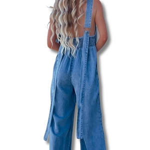 Combinaison sexy pour femmes en denim à taille haute, fitness, col en V, jambes larges, tricotée, respirante |   Combinaison utilitaire contemporaine - Product Image 6