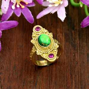 แหวนทองแดงสีเขียวเทอร์ควอยซ์ 18K โกลด์เวอร์เมล์ เครื่องประดับสไตล์ตะวันตกเฉียงใต้ ประดับทับทิม - Product Image 5