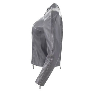 Chaqueta de Motocicleta de Cuero Vacuno para Mujer, Color Gris, Cuello Alto, Cierre de Cremallera, Manga Larga, Otoño, Invierno, Primavera - Product Image 5
