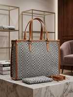 Tas Tote Jacquard Tenun Berdensitas Tinggi Pola Geometris Ilusi Optik Modern Rantai Resleting Dua Tali Kapasitas Besar Tahan Air