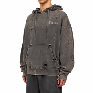 Sweat à capuche personnalisé vintage délavé à l'acide pour homme, coupe oversize, en molleton de coton épais, effet vieilli, style streetwear, déchiré - Product Image 1