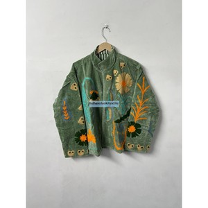 Handmade Floral Embroidered <b>Velvet</b> Blouson <b>Women</b> Mandarin Collar Full Sleeve <b>Coat</b> Handmade Embroidery Design For Winter Jacket - Product Image 2