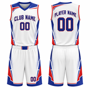 Uniforme de Baloncesto Personalizado MEGAMAPLE Blanco, Azul Rey y Rojo, Sublimado, Transpirable, Poliéster sin Costuras, Unisex para Adultos - Product Image 1