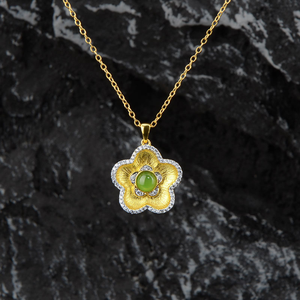 Lab Grown Diamond Flower Pendant Necklace <b>Italian</b> Brushed Texture 18k Gold Plated Silver Vintage Women's IGI Certified - Product Image 1