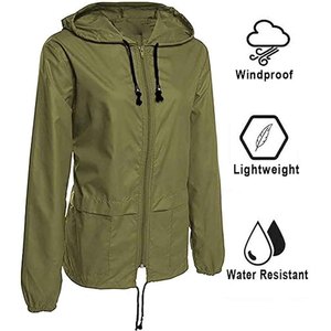 Hooded Lightweight Waterproof Windbreaker Jacket Unisex Olive Green Polyester Casual Spring Outdoor <b>Coat</b> <b>Zipper</b> Closure - Product Image 3