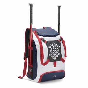 Sac à dos de baseball blanc, rouge et bleu marine avec poches latérales pour bâtons, compartiment avant zippé, capacité 30-40L, en nylon - Product Image 1