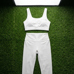 Women <b>White</b> Solid Front <b>Crop</b> Sports Bra Mid Waist <b>Leggings</b> Yoga Set Gym Fitness Workout Activewear - Product Image 5