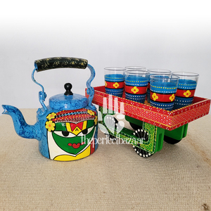 theperfectbazaar Eco-Friendly Classic Aluminium Handpainted Kettle <b>Set</b> (1 Kettle + 6 Glasses + Cart) Decorative <b>Gift</b> <b>Set</b> - Product Image 1