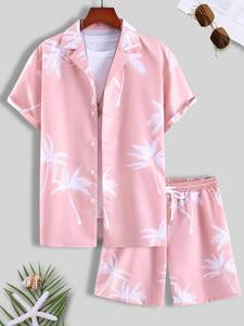 Conjunto de Camisa y Pantalones Cortos para Hombre, Diseño Hawaiano de Verano, Estampado Digital, 100% Fibra de Bambú Ecológica, Tejido de 370g, Logotipo Frontal, Estilo Casual con Palmeras - Product Image 1